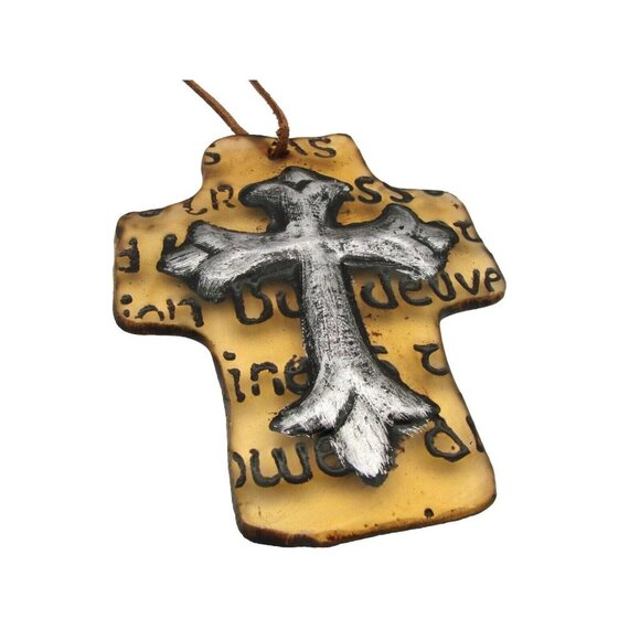Hanging Religious Cross Christian Glass Ornament 5" Leather Hardware Collectible - Picture 2 of 11